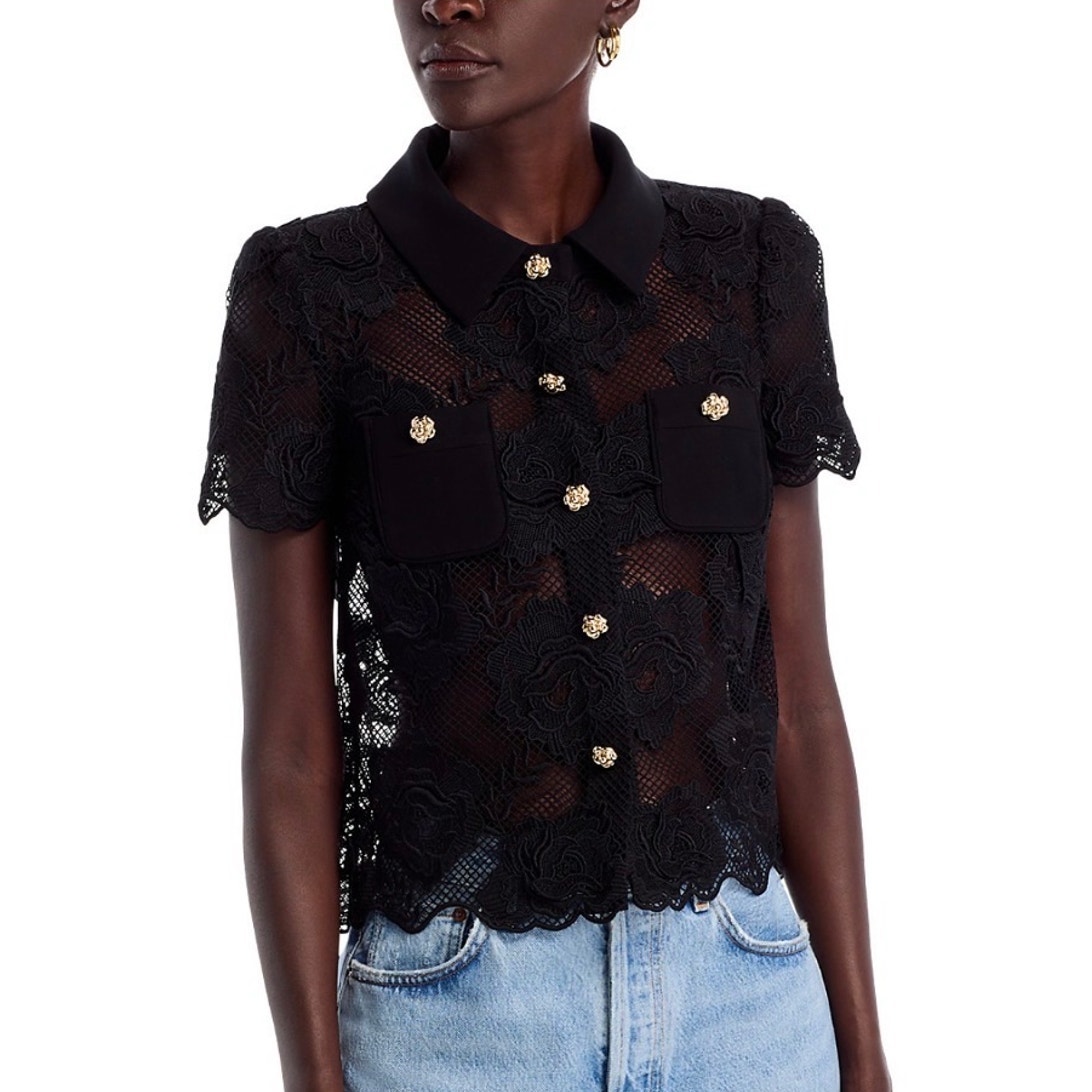Self-Portrait Elegant Black Floral Lace Button-Front Collared Blouse Size 10